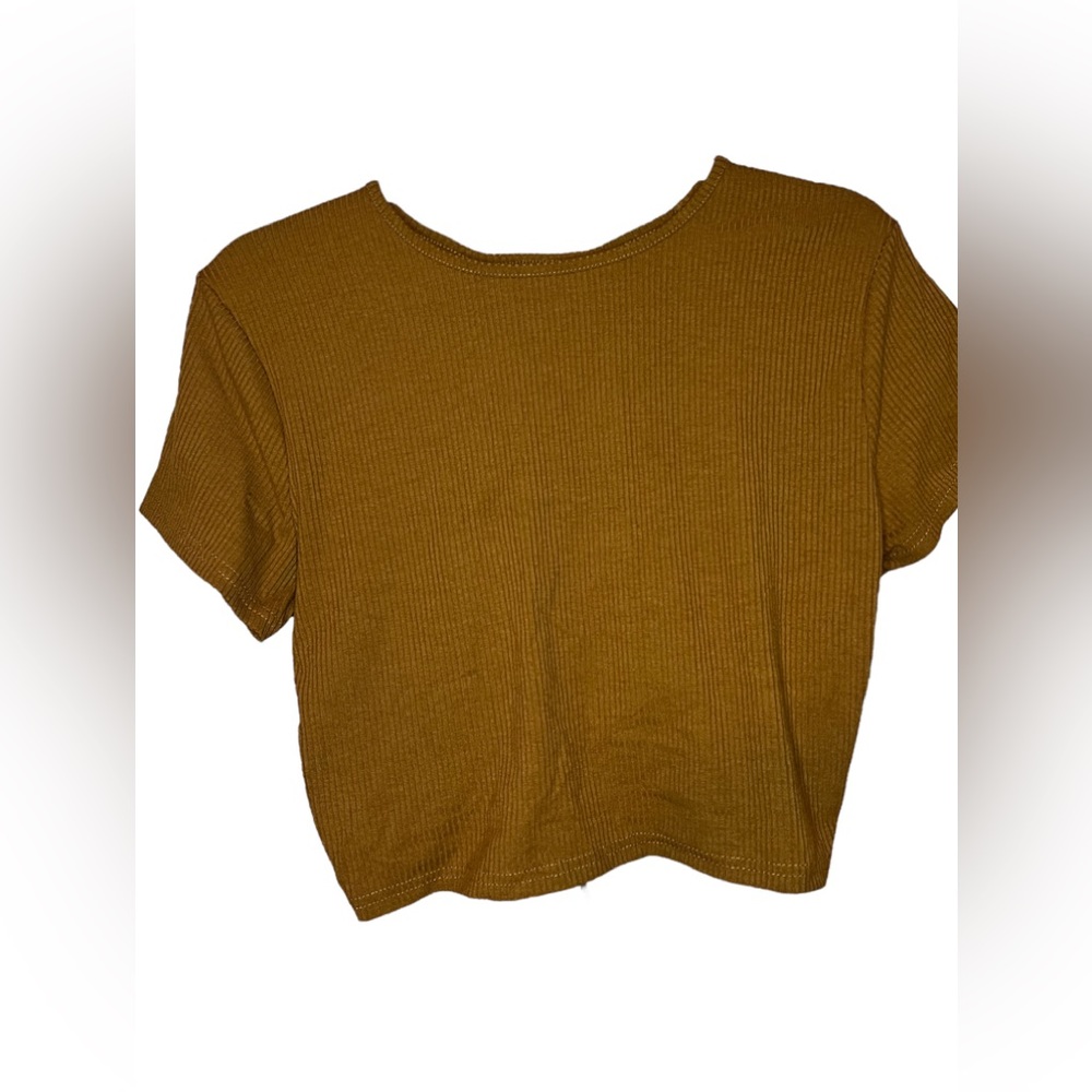 Brownish cropped top with open back.